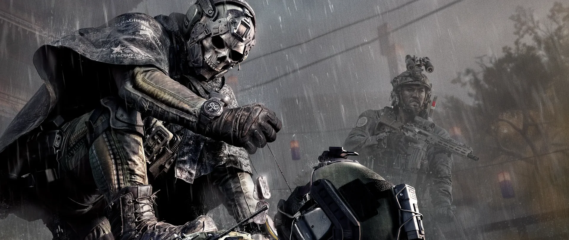 A skull-masked Operator leaning over equipment in the rain, from official MW4 DMZ promotional art.