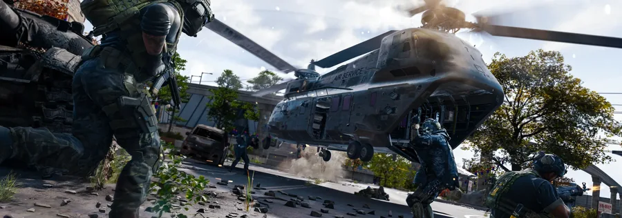 Operators moving around a helicopter in official MW4 DMZ operations promotional art.